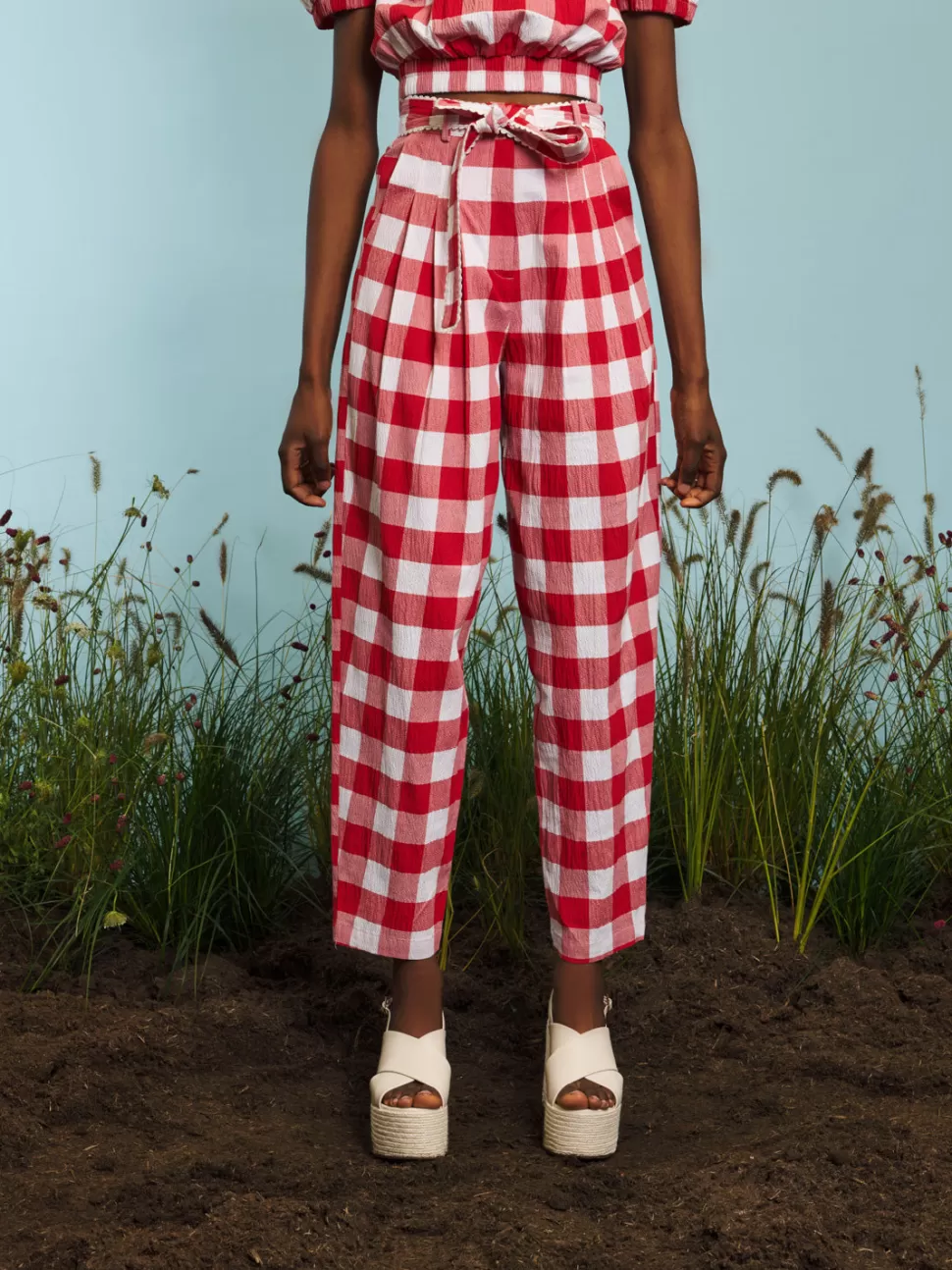 Bottoms | Sister Jane Combine Gingham Belted Trousers Crimson Red and Ivory