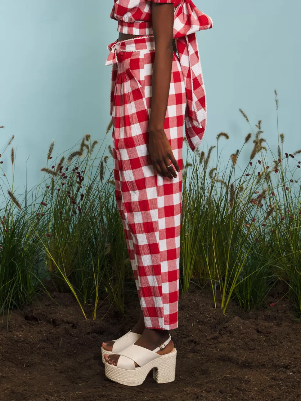 Bottoms | Sister Jane Combine Gingham Belted Trousers Crimson Red and Ivory