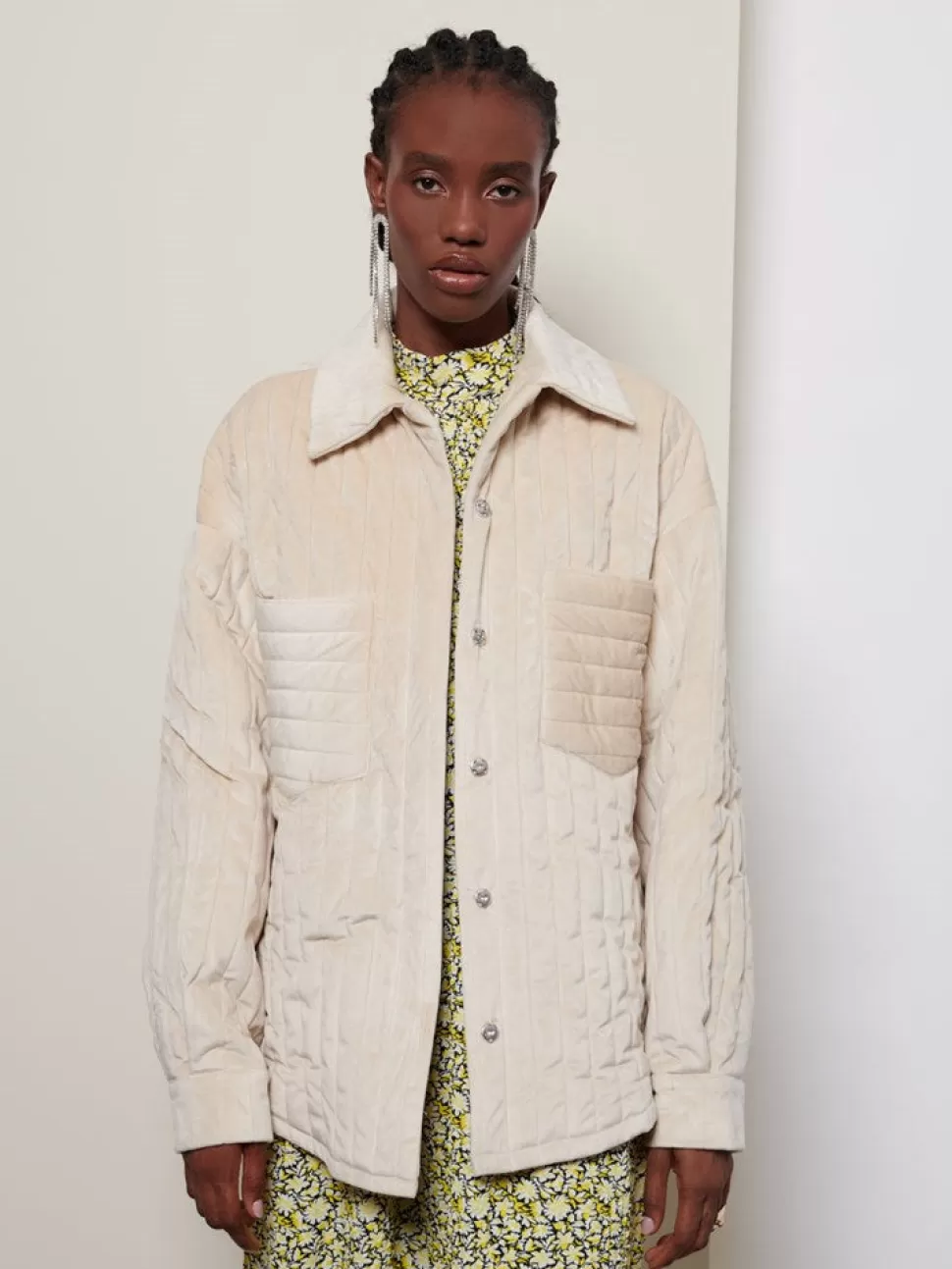 Tops | Ghospell | Sister Jane Ghospell Alix Velvet Padded Overshirt Bleached Sand Beige