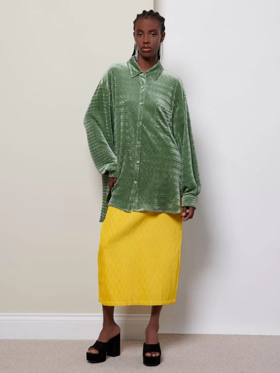 Tops | Ghospell | Sister Jane Ghospell Arden Velvet Shirt Granite Green