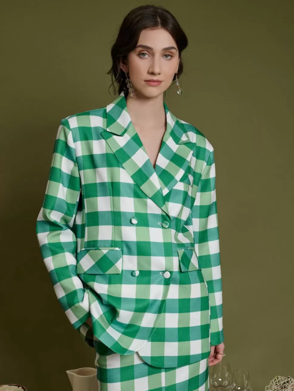 Jackets | Ghospell | Sister Jane Ghospell Leona Check Double Breasted Blazer Fern Green