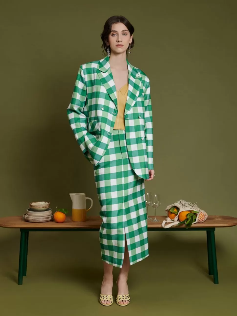 Jackets | Ghospell | Sister Jane Ghospell Leona Check Double Breasted Blazer Fern Green