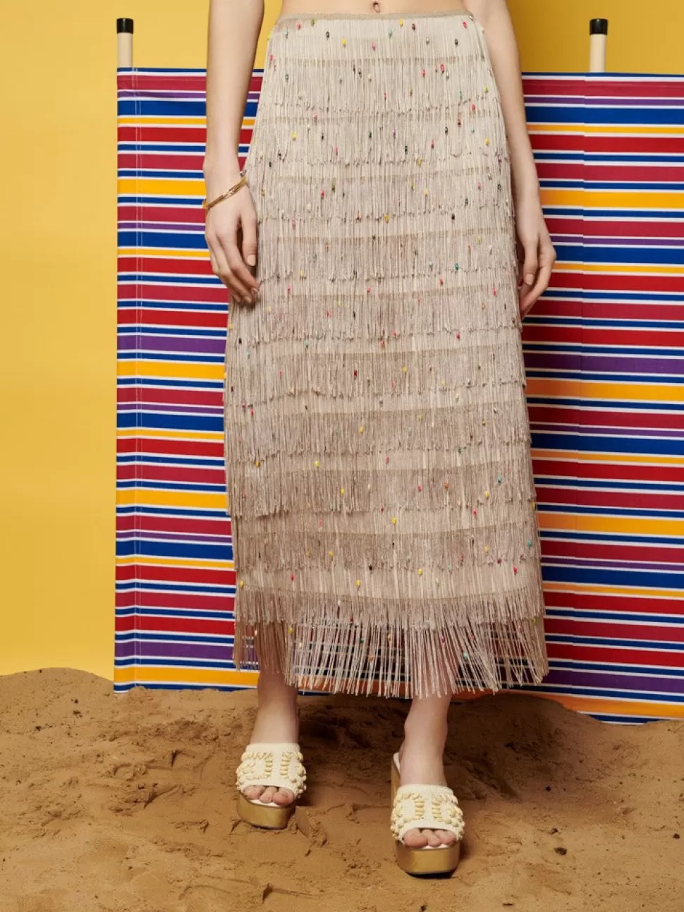 Bottoms | Ghospell | Sister Jane Ghospell  Vivian Fringed Midi Skirt Light French Beige