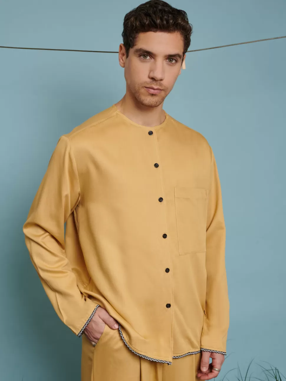 Tops | Shirts | Sister Jane Marco Trim Detail Collarless Shirt Mustard Yellow