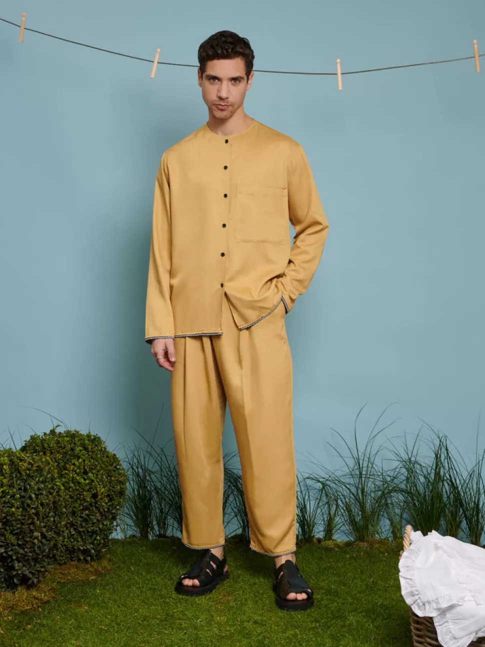 Tops | Shirts | Sister Jane Marco Trim Detail Collarless Shirt Mustard Yellow
