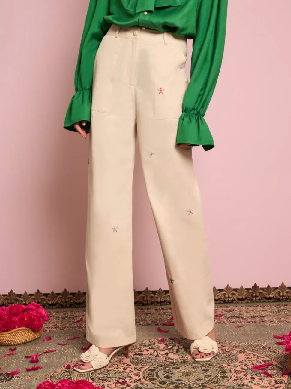 Bottoms | Sister Jane Primrose Embroidered Trousers Gardenia Cream