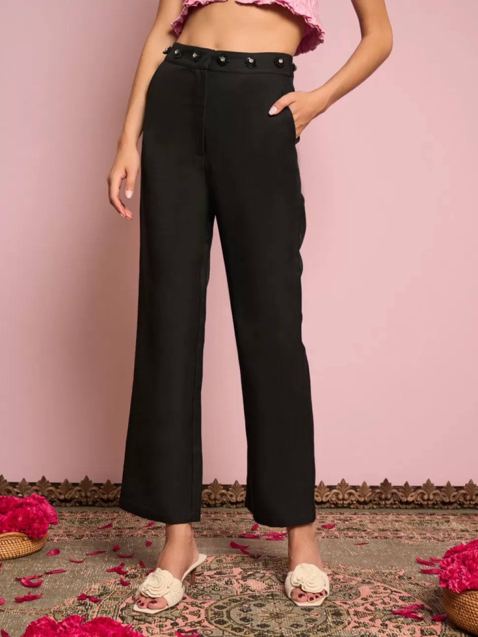 Bottoms | Sister Jane Priya Embellished Trousers Black Satin