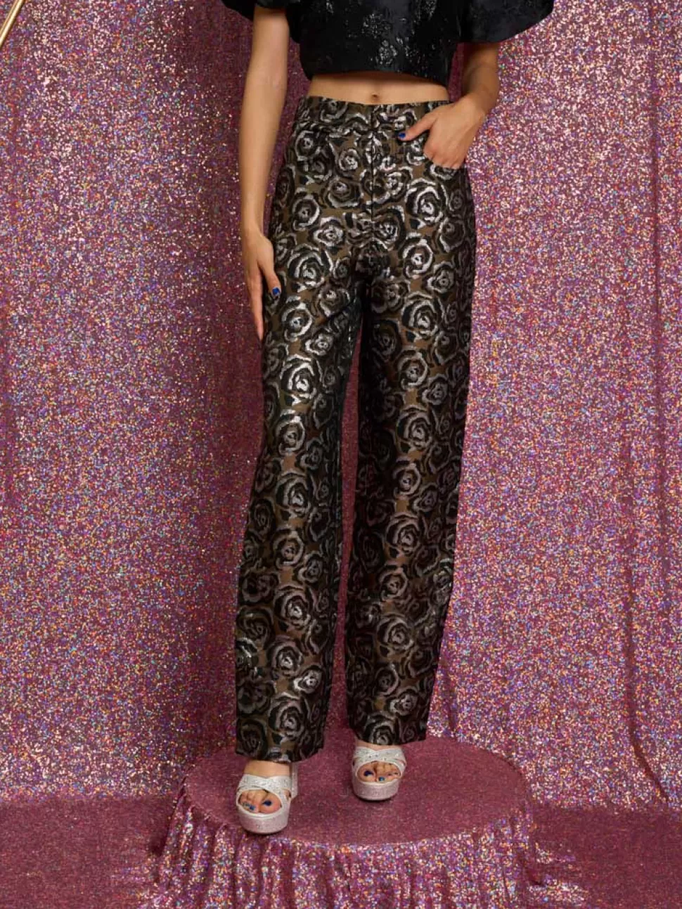 Bottoms | Sister Jane Rhythm Rose Jacquard Trousers Ash Brown